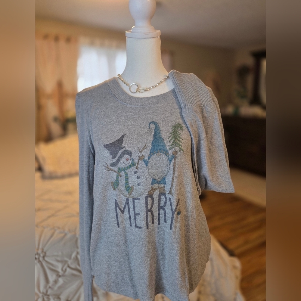 Merry Snowman & Gnome Graphic Knit Top - Gray